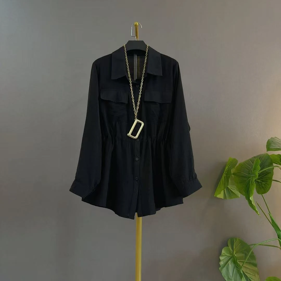 胖mm翻领气质抽绳显瘦长袖棉麻衬衫简约洋气大码女装上衣