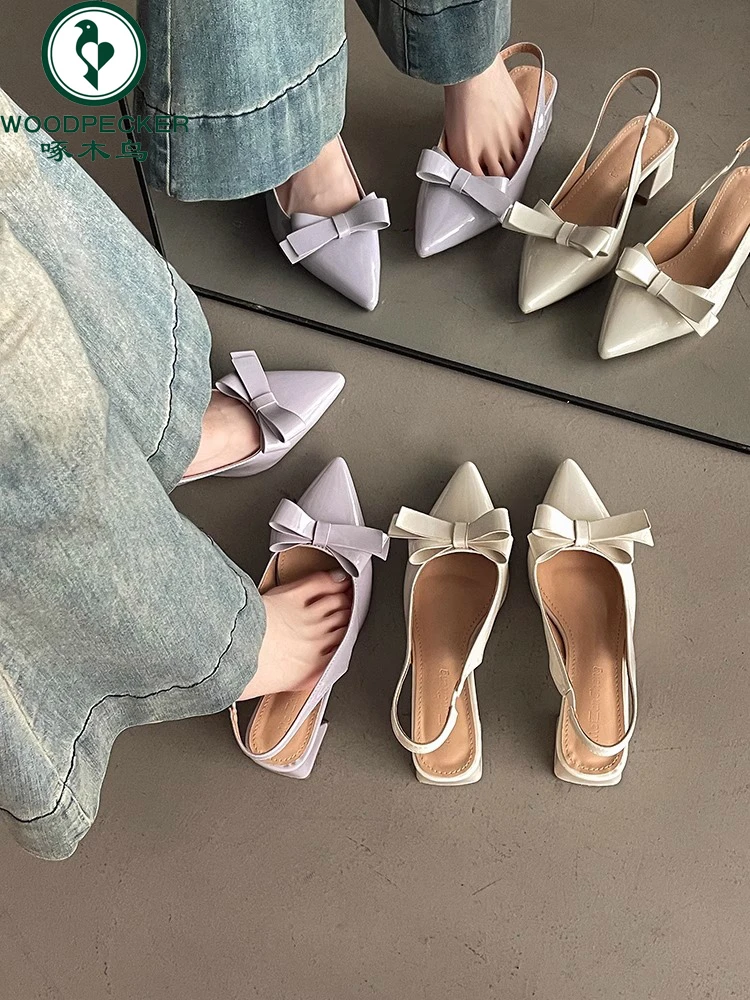 啄木鸟法式蝴蝶结尖头气质高跟鞋女2025夏季新款粗跟单鞋包头凉鞋