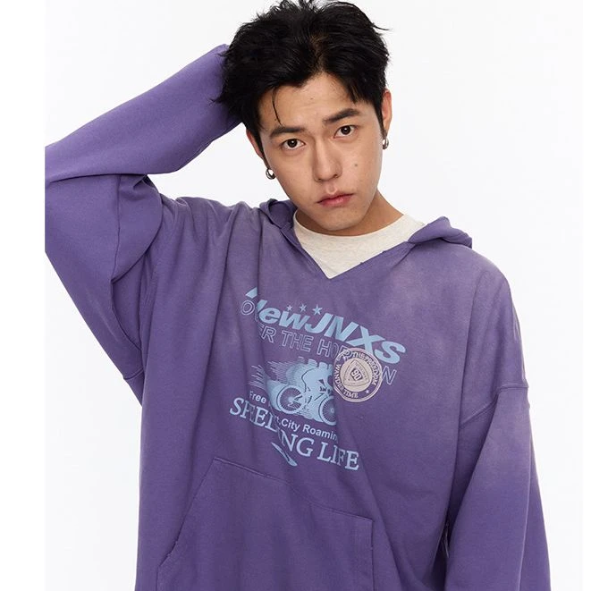 [青]江南先生美式复古胶印水洗短款连帽卫衣春季男女外套JN51B23