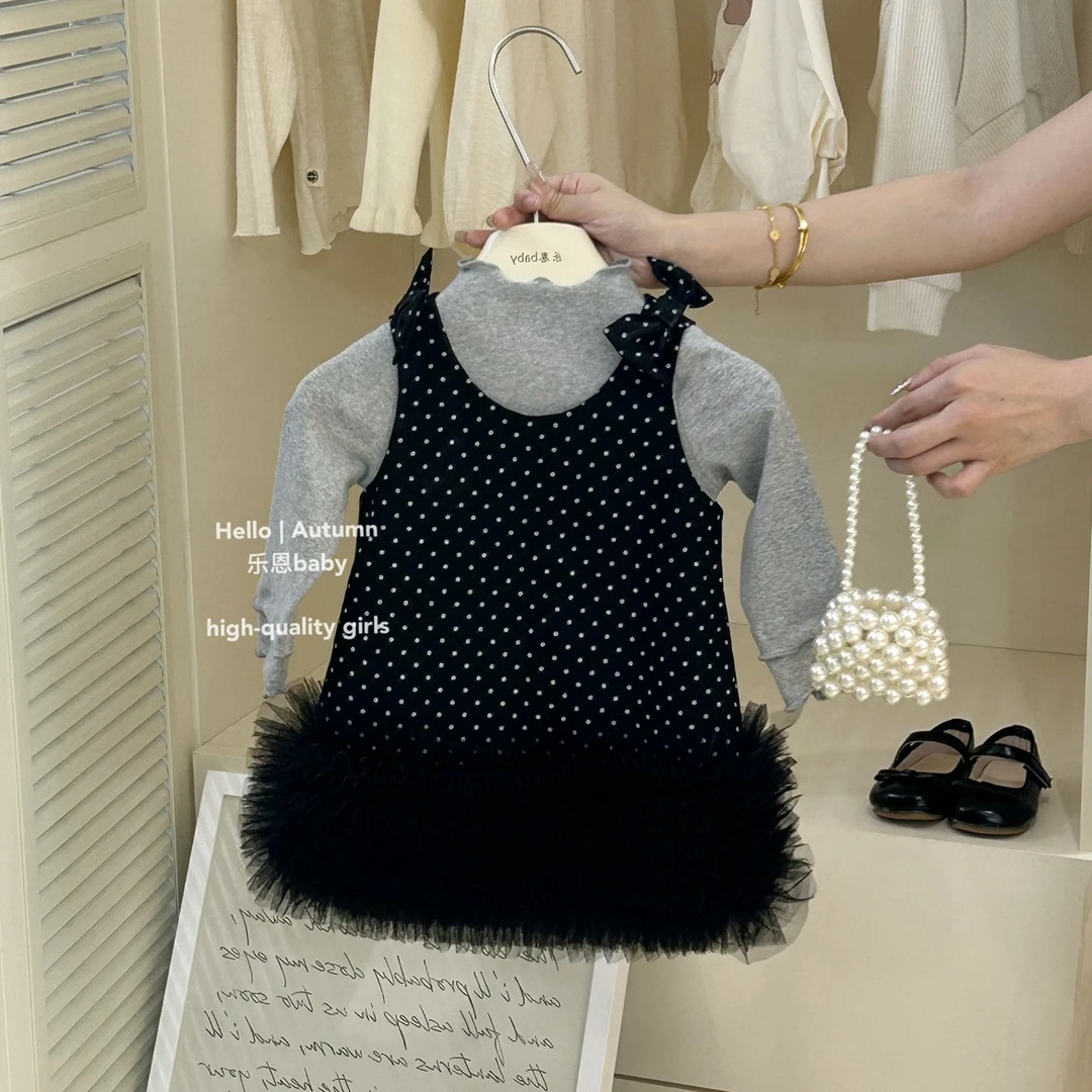 现秋冬【乐恩童装】女童秋冬灰色密边打底衫宝宝洋气波点网纱裙套装