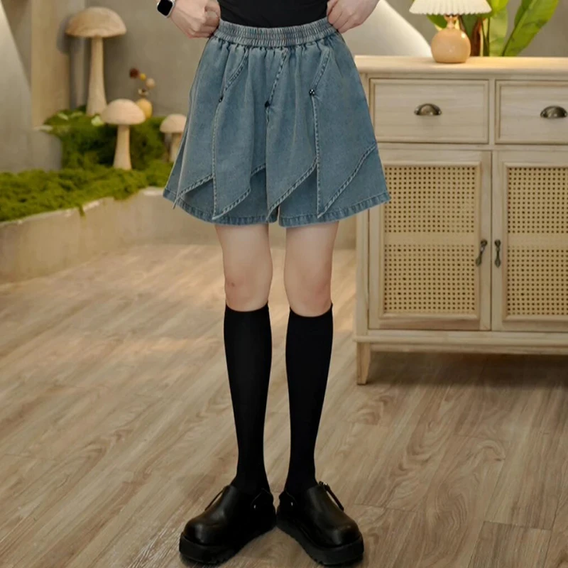 休闲洗阔腿裤薄款牛仔裤宽松百搭夏季百褶包臀韩版