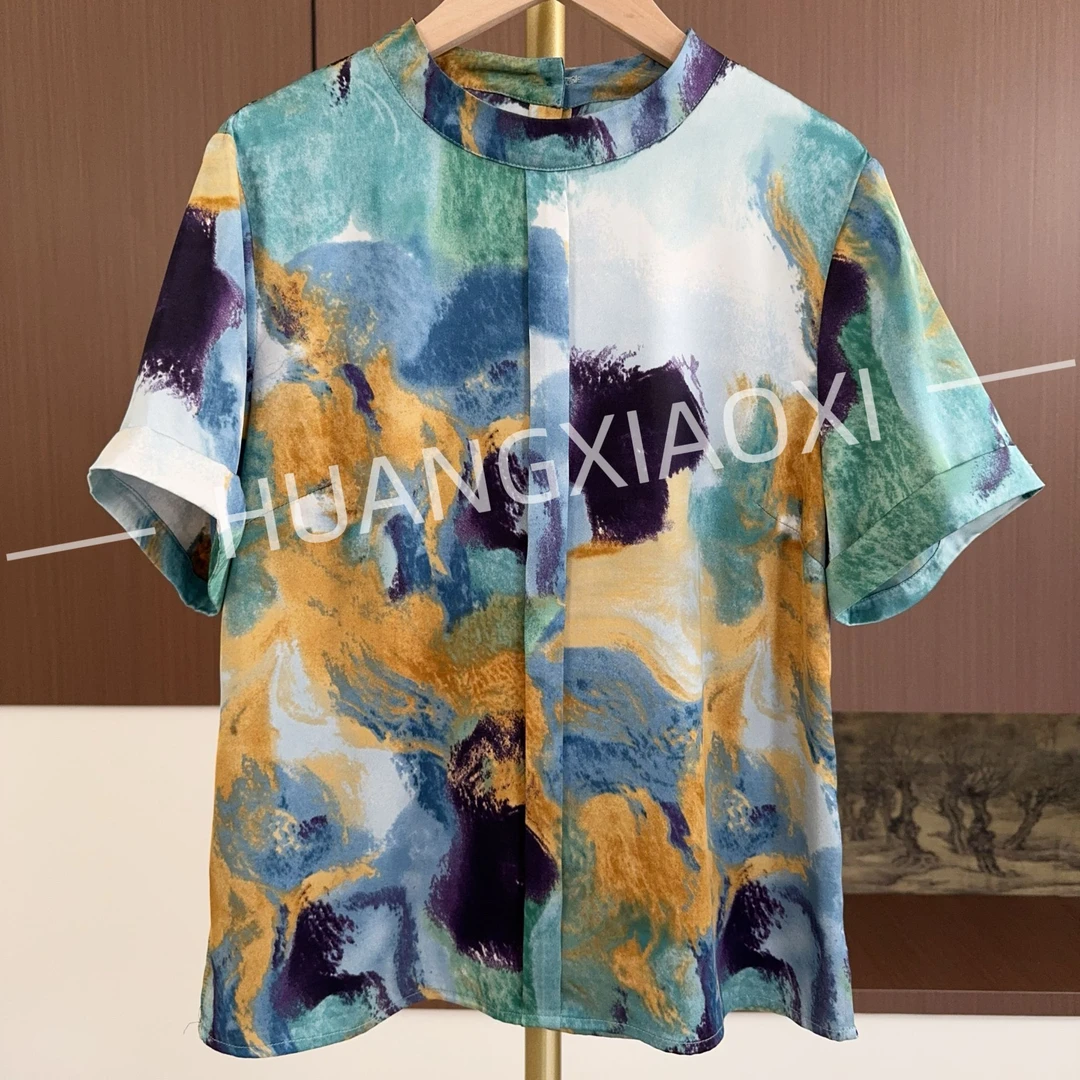 HUANGXIAOXI 炫彩油画蓝清爽高级感圆领小衫 HXX-063