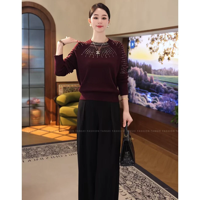 2025秋冬新款【QQ-1212JR】天丝醋酸羊毛红色烫钻圆领镂空针织上衣