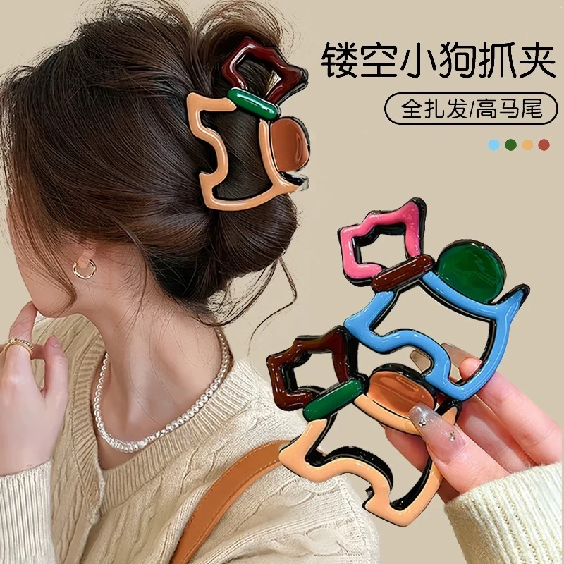 可爱狗多巴胺小抓夹女高级感彩绘撞色鲨鱼夹2025新款趣味设计发夹