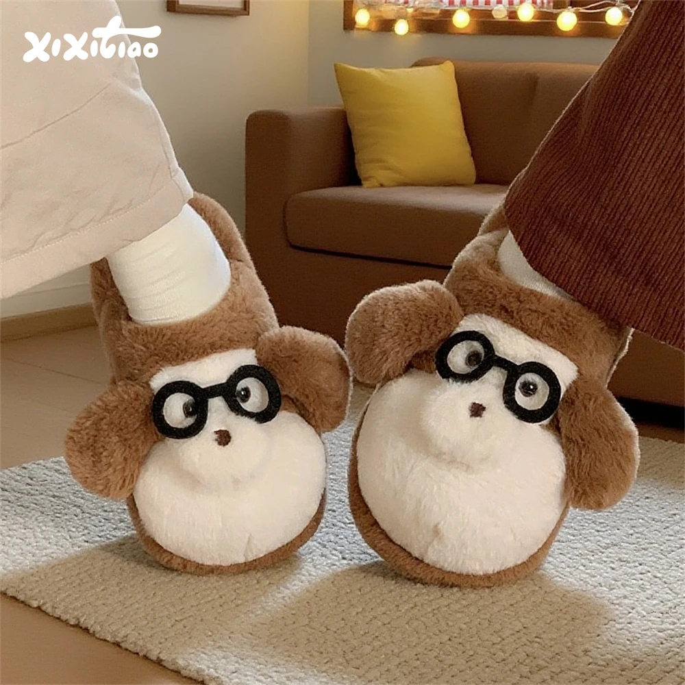 细细条 软萌小猴子情侣毛毛鞋防滑秋冬男女居家趣味小狗棉拖鞋ins