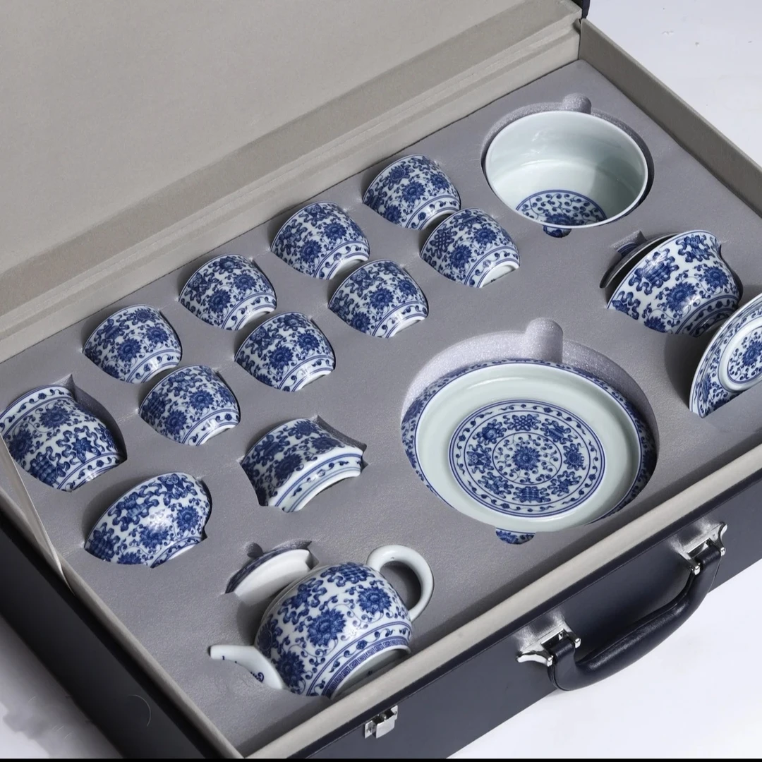 景德镇手工手作高端釉下青花瓷八宝缠枝莲陶瓷茶具大套组（带礼盒）