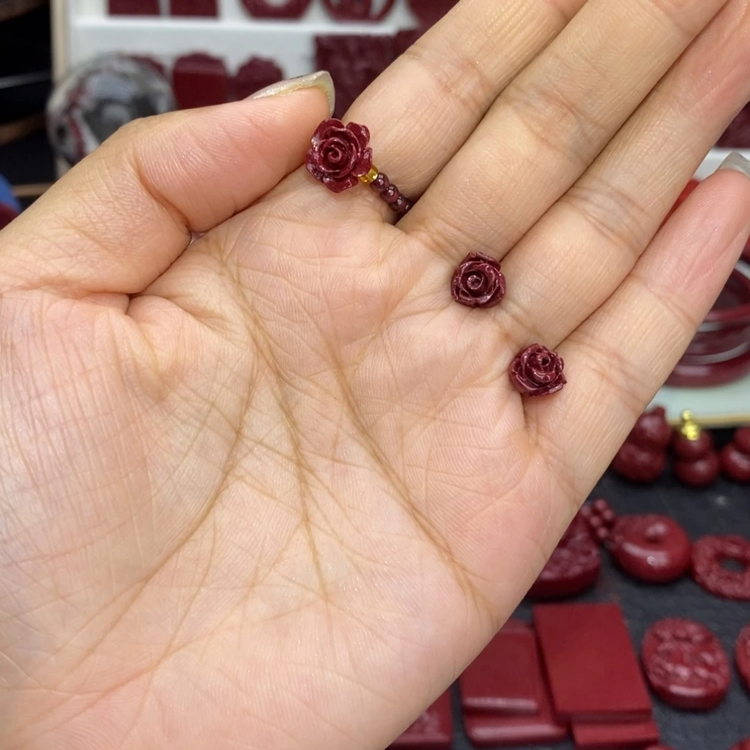 天然辰砂玫瑰花耳钉戒指