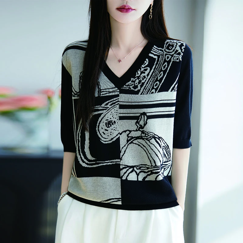 品牌2025夏季新款水墨印花V领针织短袖Tt恤宽松显瘦薄款上衣女