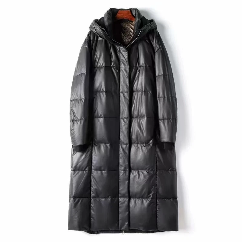 长款绵羊皮鹅绒服时尚休闲黑色连帽潮流宽松保暖冬加厚外套23151