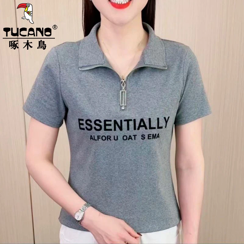 啄木鸟高档夏季新款时尚洋气拉链短袖t恤女翻领字母印花韩版上衣