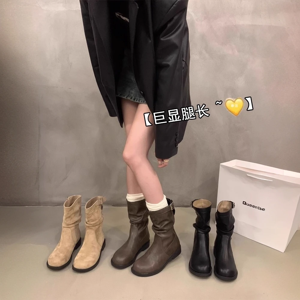 【万达撤柜】厚底堆堆靴中筒靴女2025新款秋季西部牛仔马丁靴小短靴