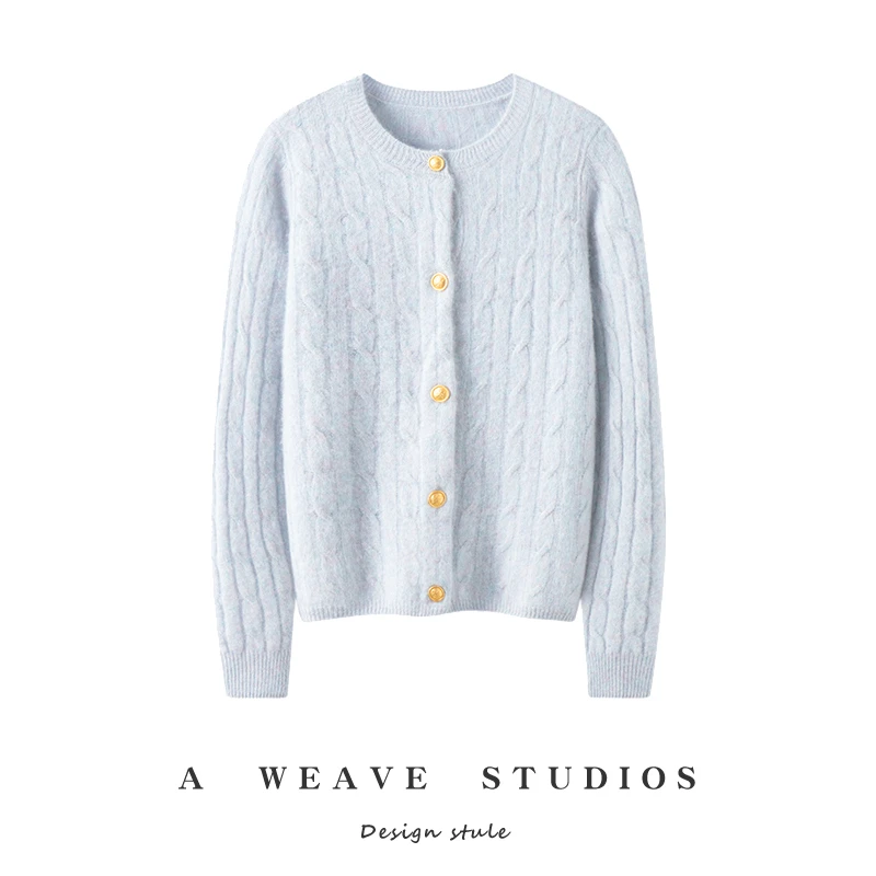 秋冬新款100%纯山羊绒衫女圆领金银丝扭花两穿百搭针织开衫外套