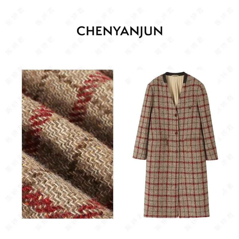 陈妍君【红色格纹】宽松长款百搭羊毛大衣外套CYJ-WWO74-W624