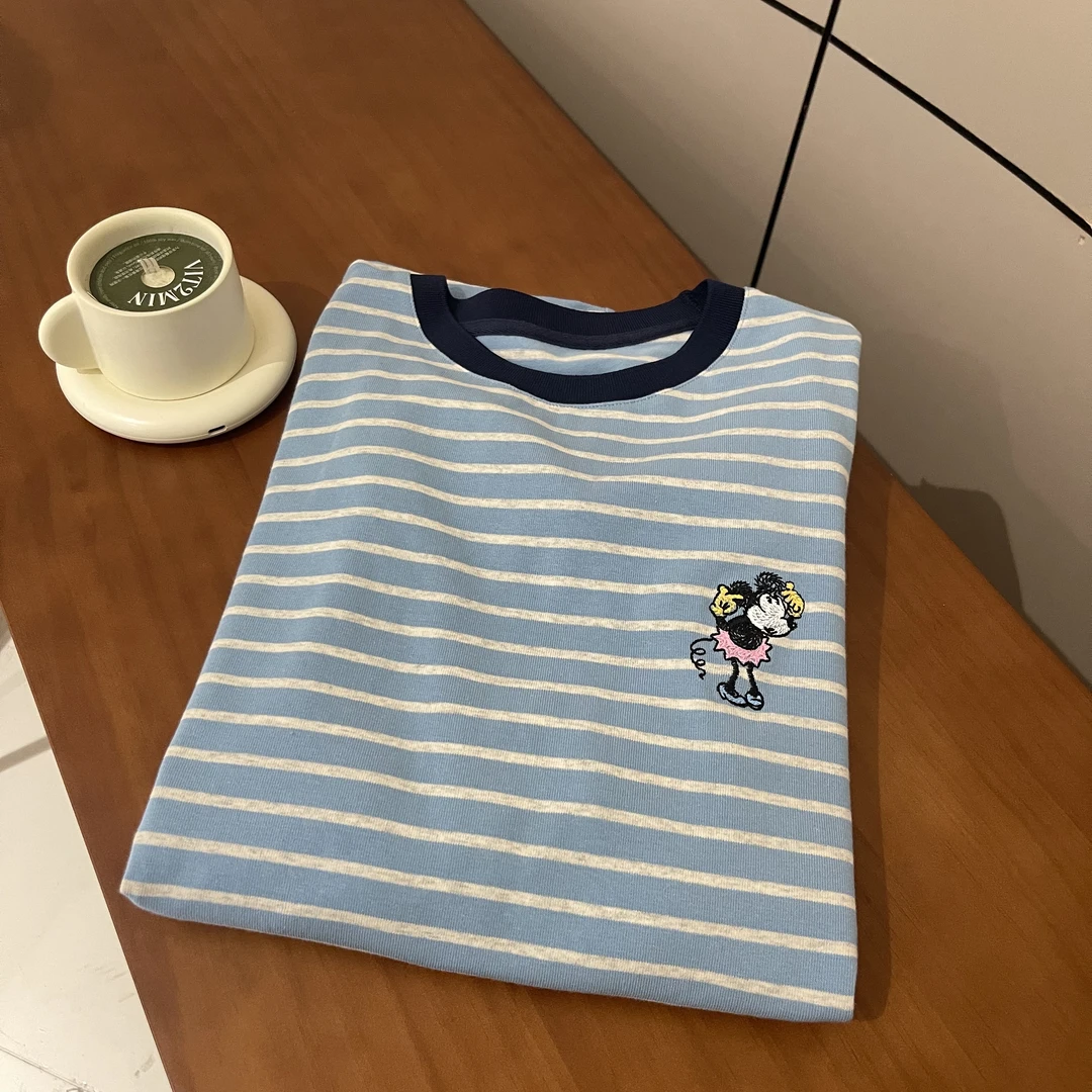 FUJIA STYLE新款韩版气质休闲简约条纹刺绣卡通T恤T3066