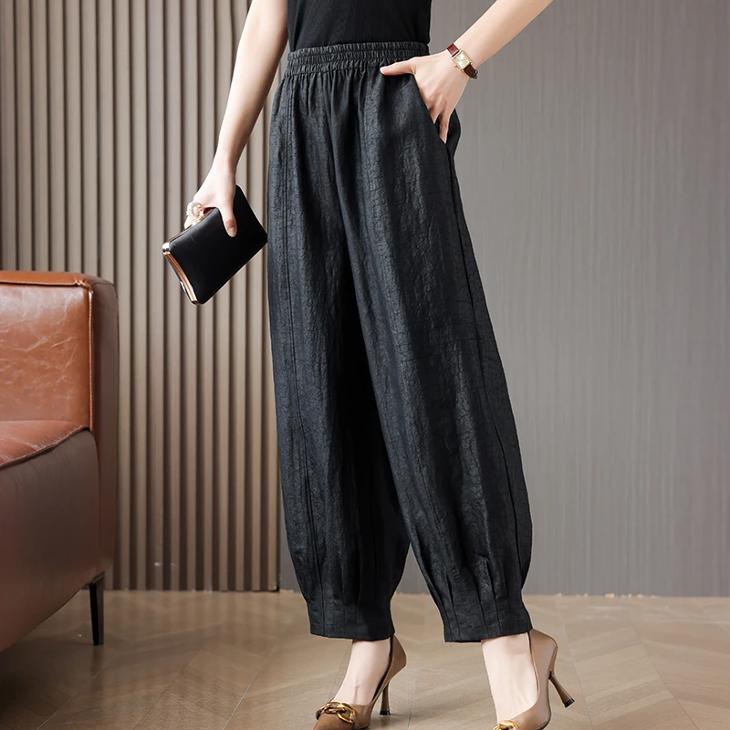 夏季龟裂纹香云紗九分裤国风新款中年妈妈装改良休闲复古哈伦裤