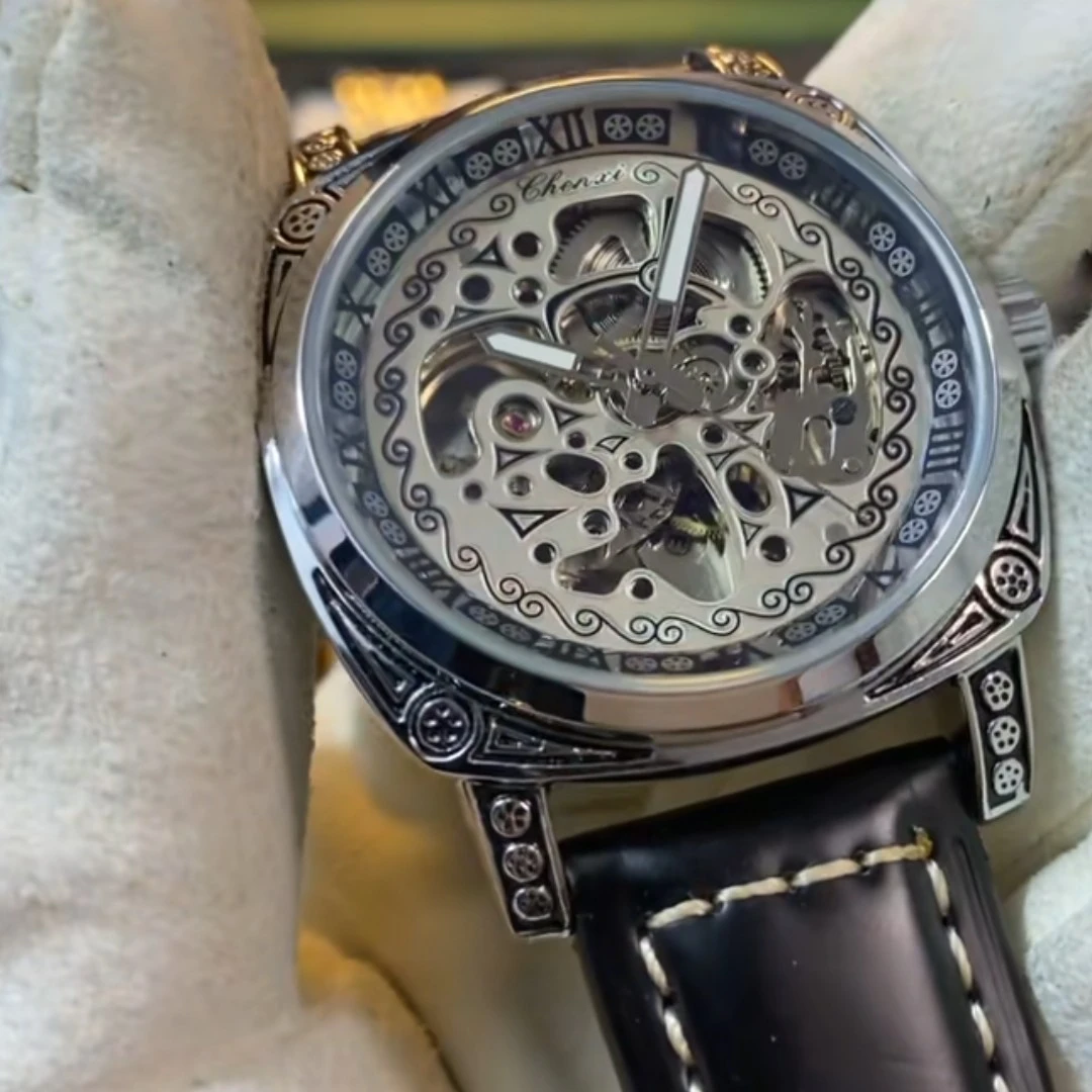 机械腕表高端男士真皮防水镂空新款雕花机械手表