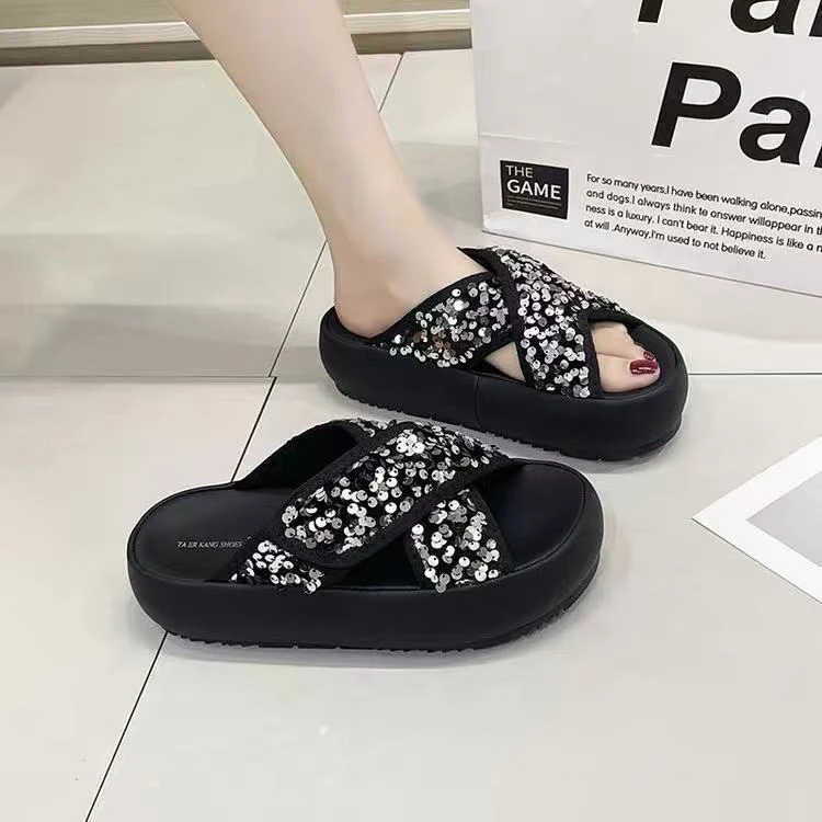 亮片女夏外穿夏季新款交叉带一字拖厚底拖鞋TK670