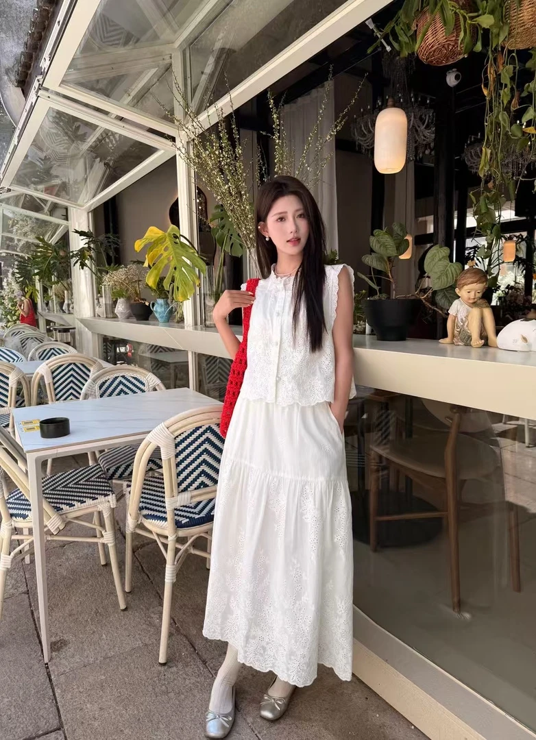 Haige/海阁RUILING新款无袖蕾丝衬衫半身裙两件套女高级感25083