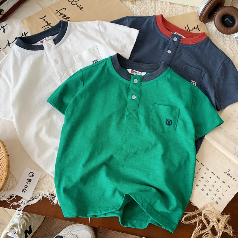 夏季男童短袖T恤儿童新款洋气刺绣百搭上衣男孩休闲透气套头衫