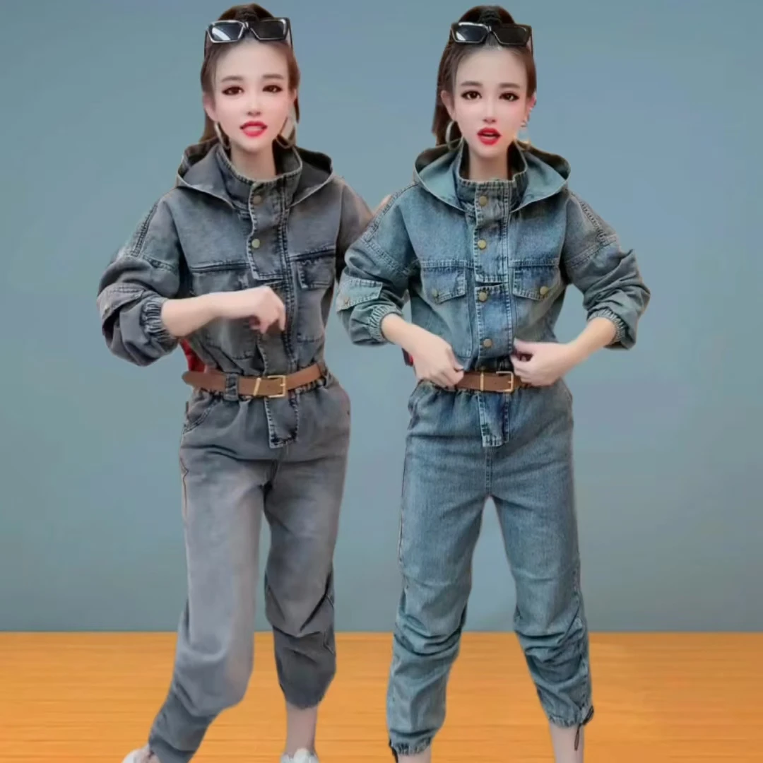 韩版时髦高腰牛仔连体裤女2025早春新款洋气显瘦连帽工装款小脚裤