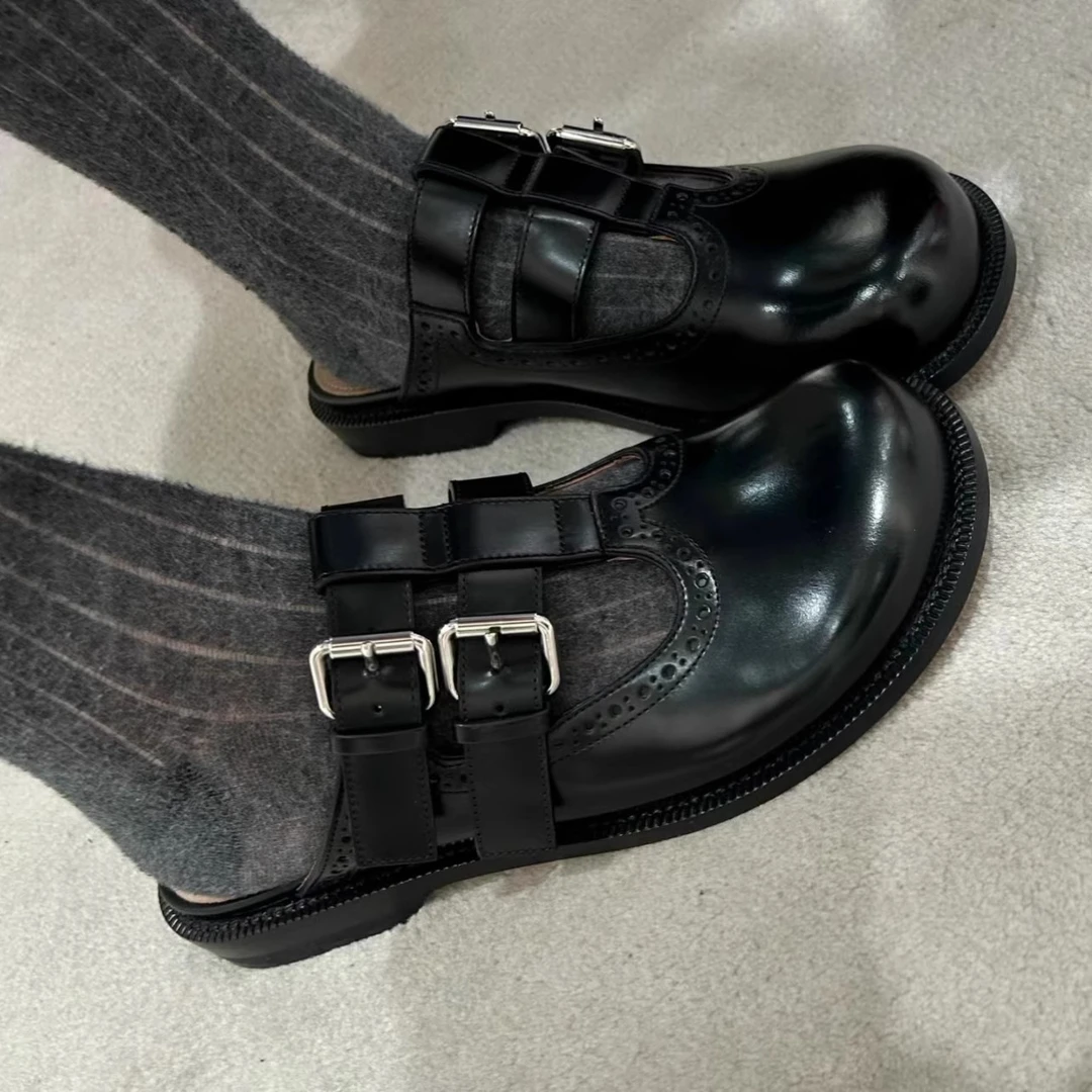 双扣雕花平底复古休闲包头玛丽珍鞋半拖鞋女外穿2025懒人鞋穆勒鞋