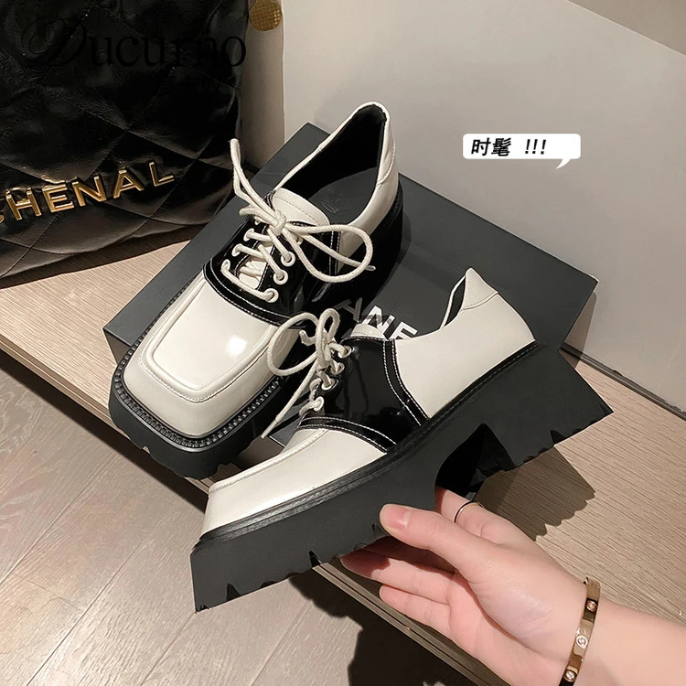 DUCURNO小个子增高厚底高跟乐福鞋女粗跟系带单鞋时尚拼色小皮鞋