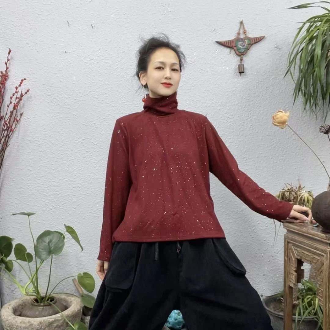 10-52双面绒亮闪闪拼接高领打底上衣（长62胸围118-160