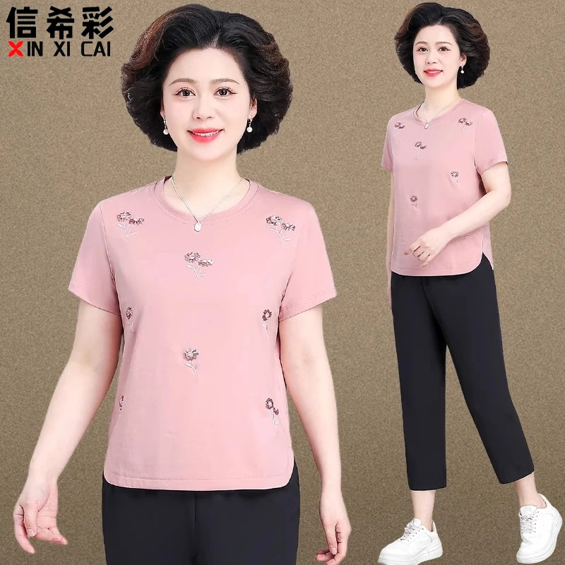 中年妈妈夏装运动服棉质套装2025新款中老年女装夏季短袖T恤上衣