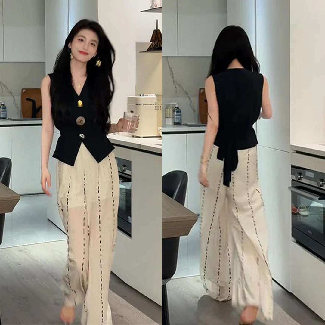 2025新款夏季法式法式时尚减龄无袖背心上衣百搭高腰休闲裤两件套
