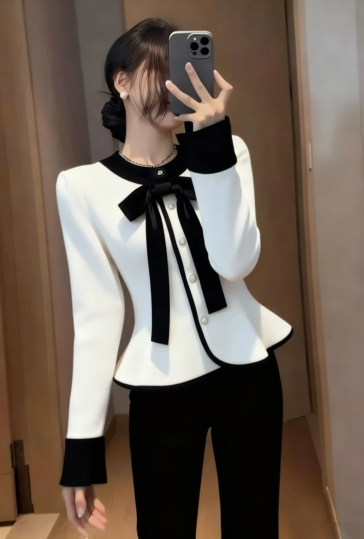 2025秋冬季气质名媛千金风独特超好看蝴蝶结领收腰开衫毛衣短上衣