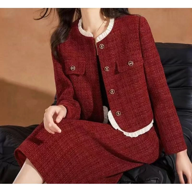 【Q505】酒红色小香风礼服连衣裙套装女秋冬外套+半身裙两件套
