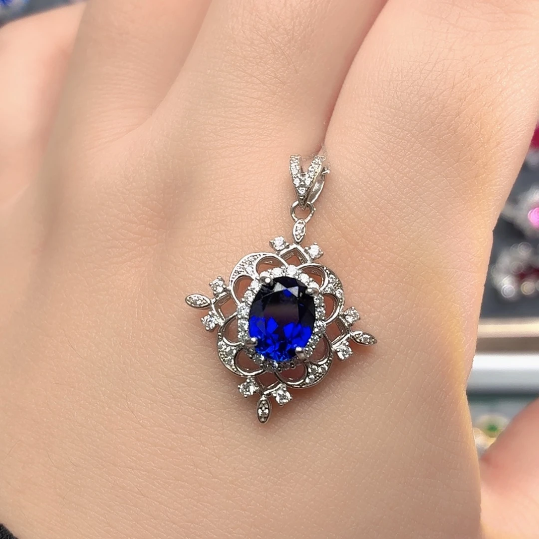 吊坠925银培育皇家蓝色宝石
