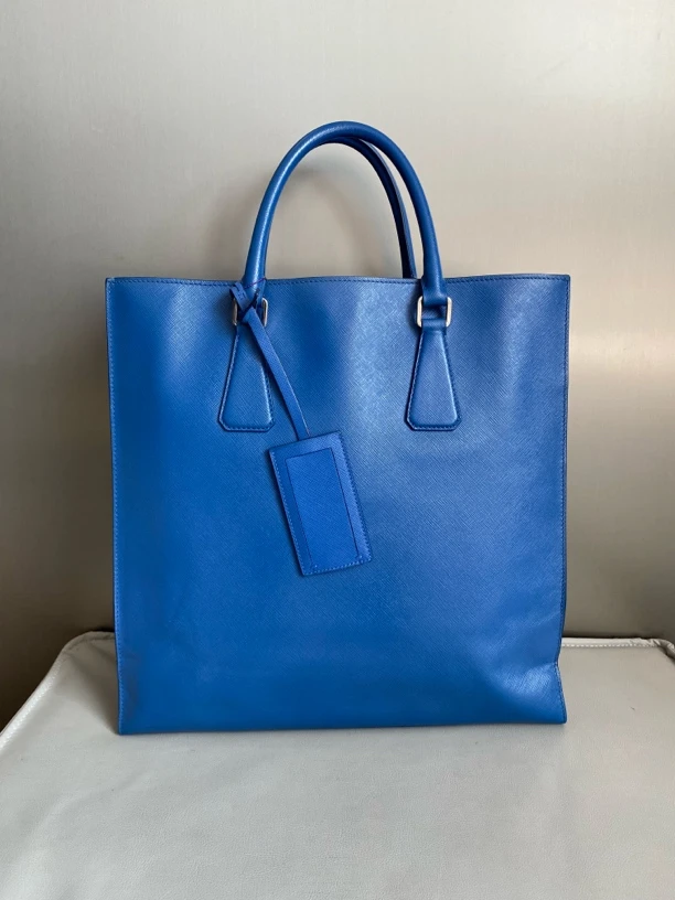 95新 Prada/普拉达 蓝色十字纹全皮手提托特包zp184