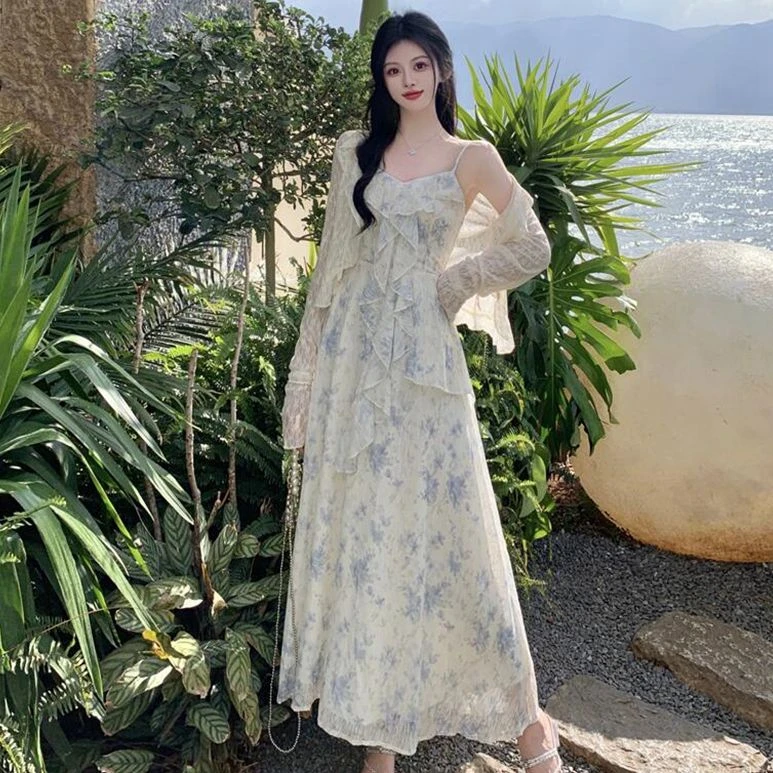 胖颖专属大码春夏季新款法式方领淑女碎花裙+防晒衫两件套1338