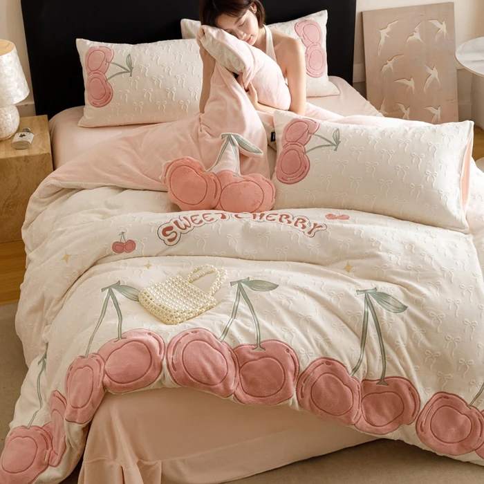 【欢寐】德国奶芙绒提花甜美风四件套樱桃可颂系列