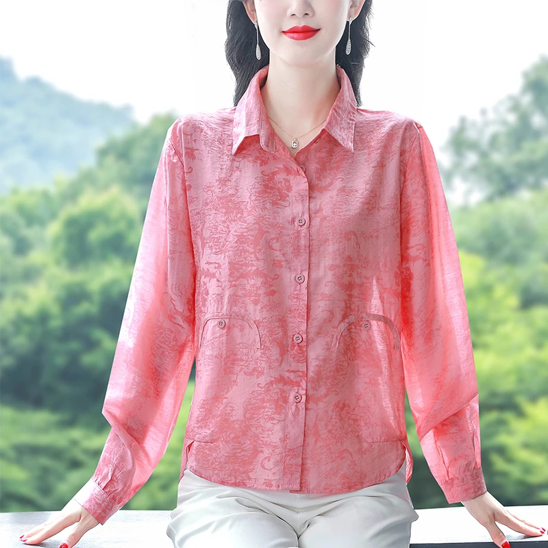 时尚印花长袖衬衫女春秋新款女装宽松遮肚显瘦休闲减龄气质上衣