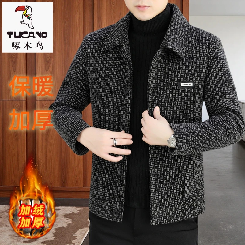 啄木鸟保暖翻领呢子外套男加绒加厚风衣休闲短款冬装毛呢夹克