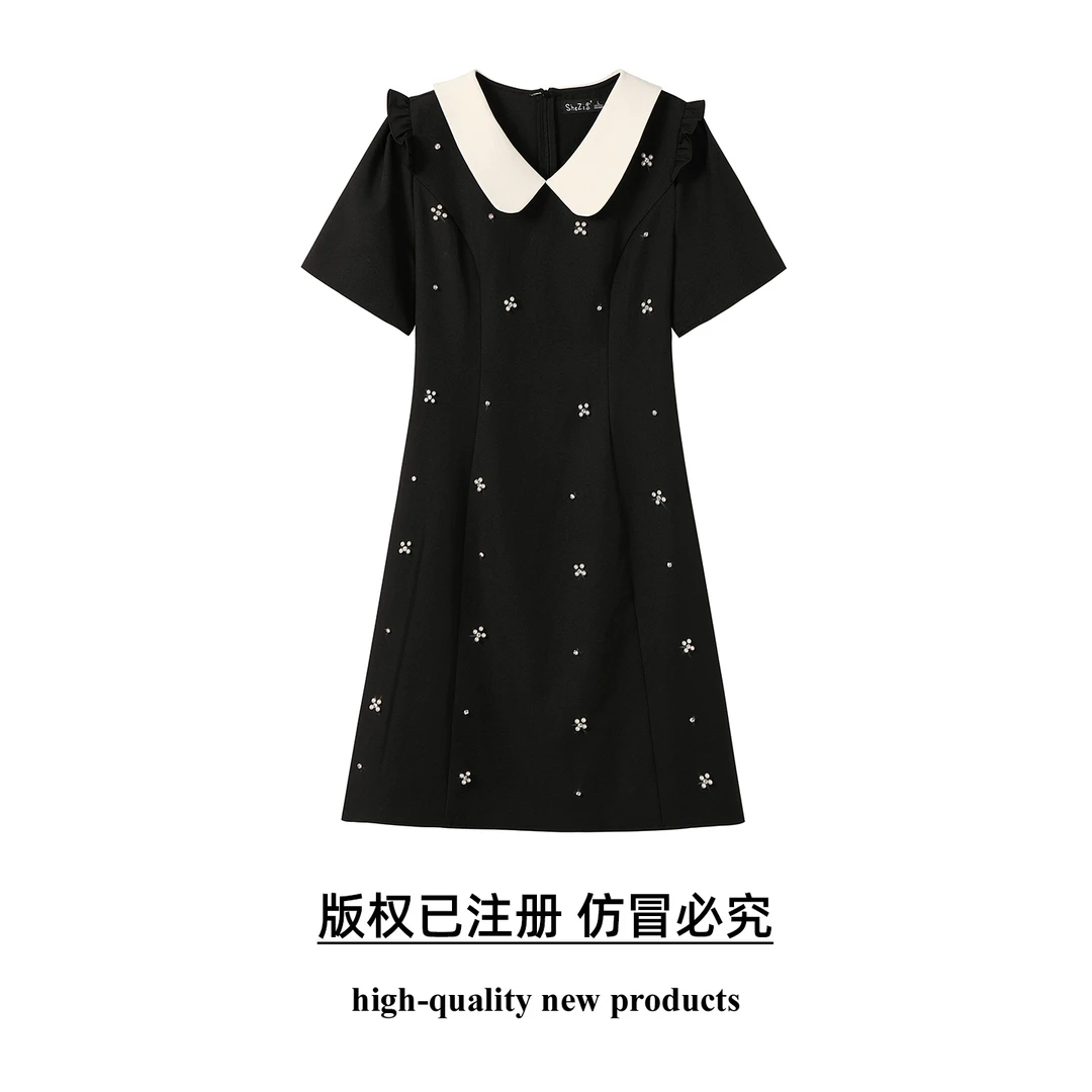 奢姿大码女装2025夏季减龄钉珠木耳边裙子胖妹妹时尚娃娃领连衣裙