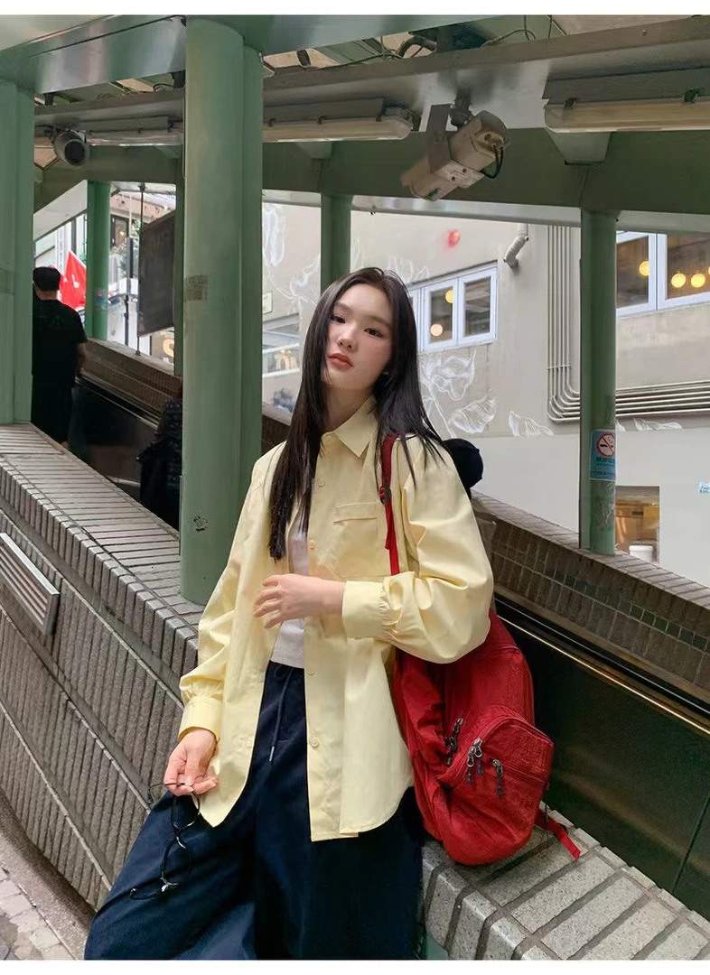 8509 少女chic清新减龄黄衬衫女鹅淡黄色衬衫糖果色开衫外套潮