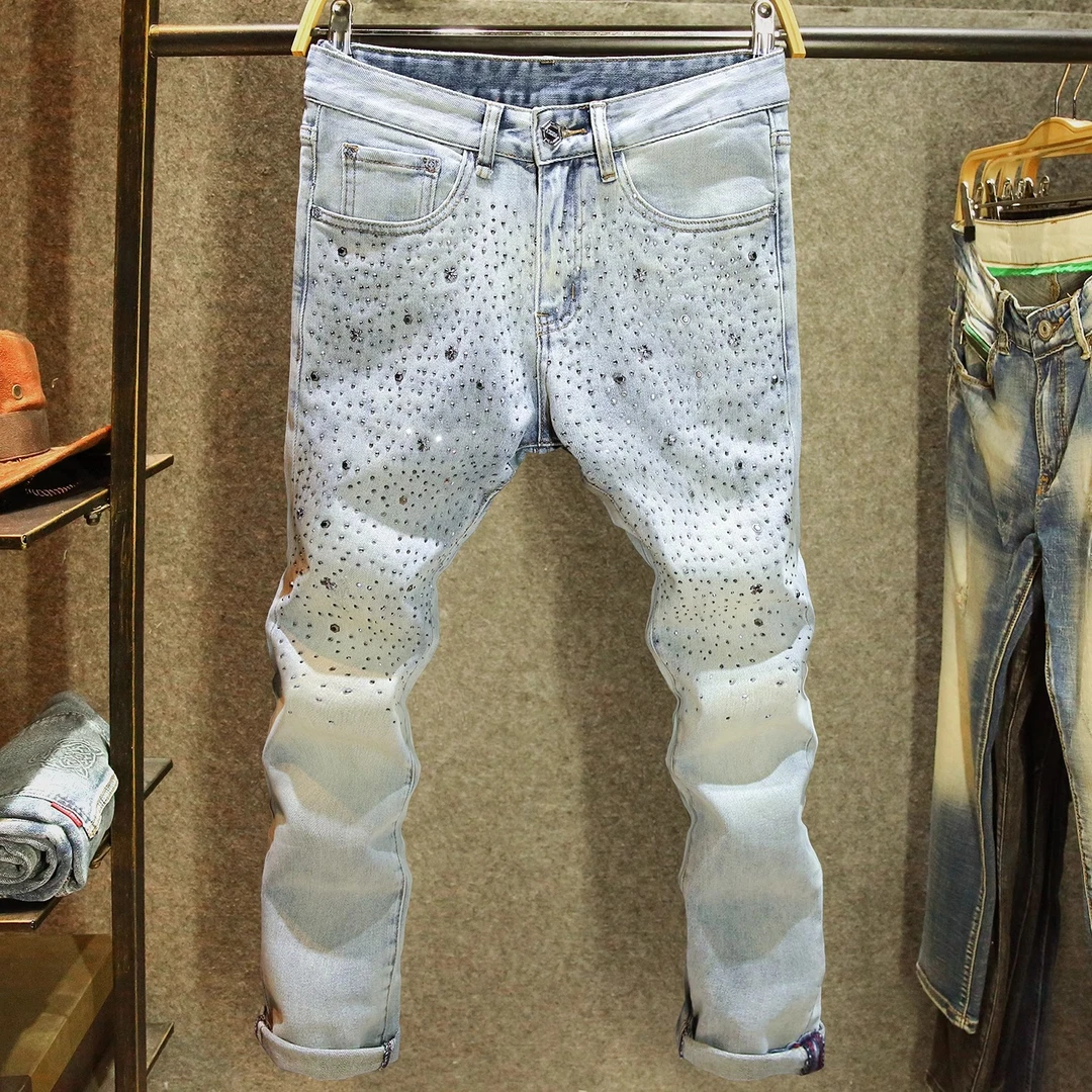 Cebrodz夏季浅蓝色牛仔裤男小脚修身弹力裤子满钻烫印街头长裤子