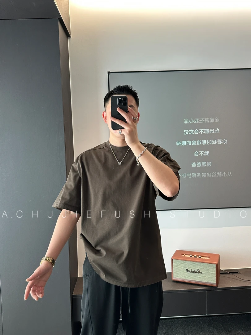 CHUJI E韩版纯色阔版休闲结构设计简约短袖T