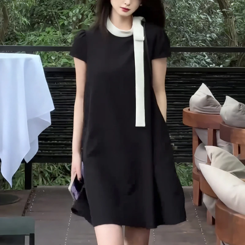 2025夏季时尚气质中长款女士连衣裙黑色A字裙显瘦洋气时髦潮流感