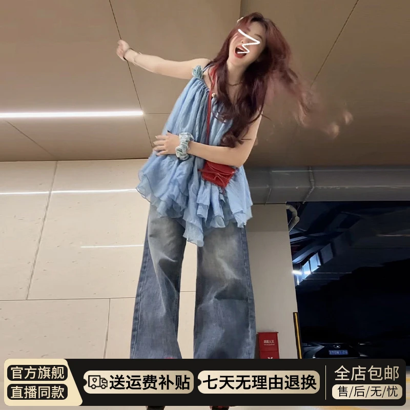 小清新蓝色吊带背心女夏季新款设计感海边度假风上衣外穿