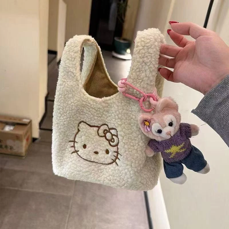 2025秋冬羊羔毛小菜篮手拎包学生可爱风kitty刺绣简约风百搭爆款