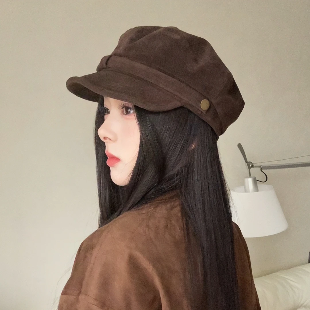秋冬新款美式复古麂皮绒帽子女八角帽大头围韩版百搭显脸小贝雷帽