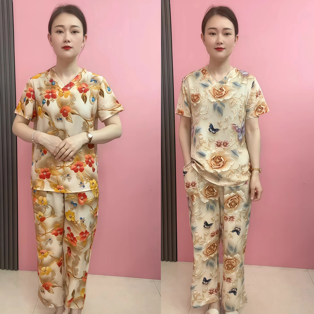 2025夏季新款短袖绵绸妈妈套装中老年女装洋气时尚衣服棉绸衣服