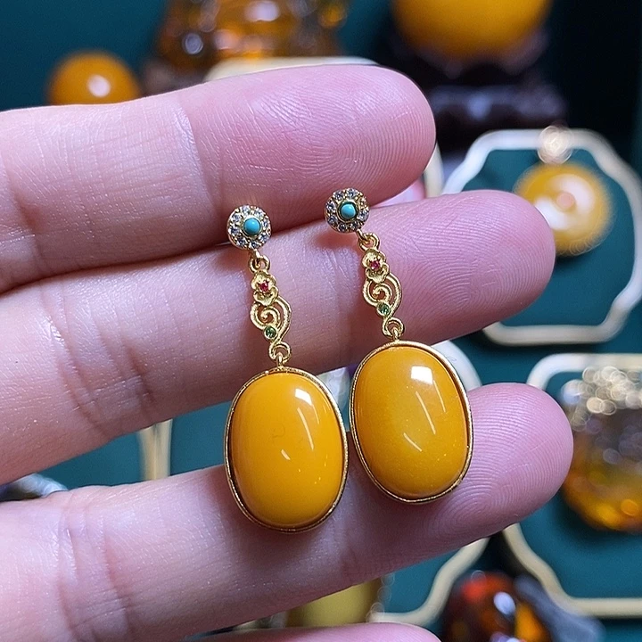 银S925镀金镶嵌蜜蜡耳饰