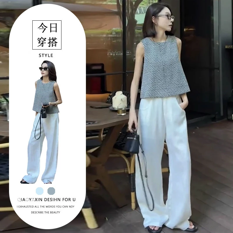 法式复古2025夏季新款经典格纹宽松气质无袖背心白色休闲阔腿套装
