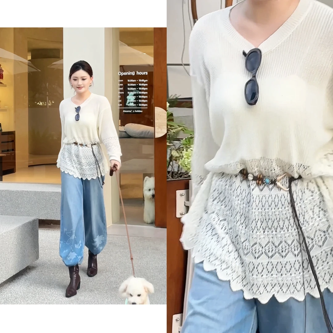 PRASE·杨杨【秋日物语】微胖轻奢设计秋天丝亚麻镂空毛织衫PR508C20