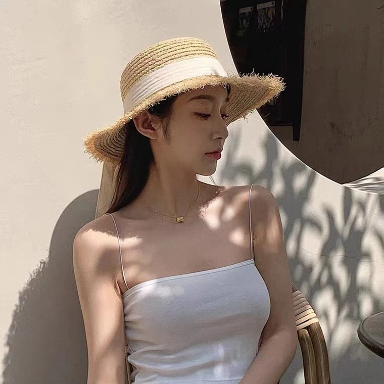 日系毛边草帽小清新飘带蝴蝶结太阳帽女海边度假沙滩帽大头围帽檐